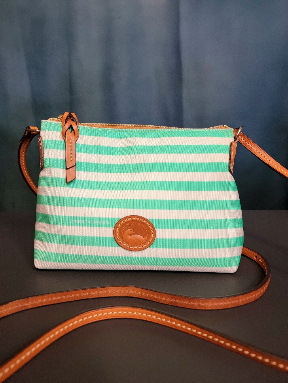 Dooney & Bourke Mint and White Striped Crossbody with Tan Trim